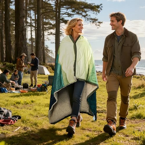 Outdoor Camping Blanket - Puffy Camping Blanket Packable,Sherpa Fleece Warm Blanket for Camping, Outdoors, Travel, Stadium, Festivals, Beach, Hammock 56"x 78" Machine Washable, DWR, Lightweight - color: Green Mountain, size: 78 X 56 Inches