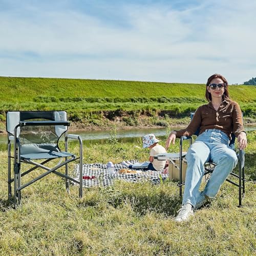 Portal Folding Director Chair with 2-Way Rotating Side Table, Heavy Duty 300 lb Camping Chair with Swivel Tray & Cup Holder, Ergonomic Mesh Back Portable Outdoor Seat for RV, Tailgating & Lawn, Grey