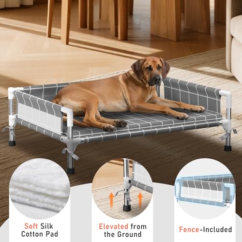 Elevated Dog Bed with Three-Sided Fence and Removable Cushion - Anti-Slip Feet, Stable Design, Easy Assembly, Indoor Relaxation & Outdoor Activities for Meduim Dogs, All-Season Comfort - size: Cushion-M