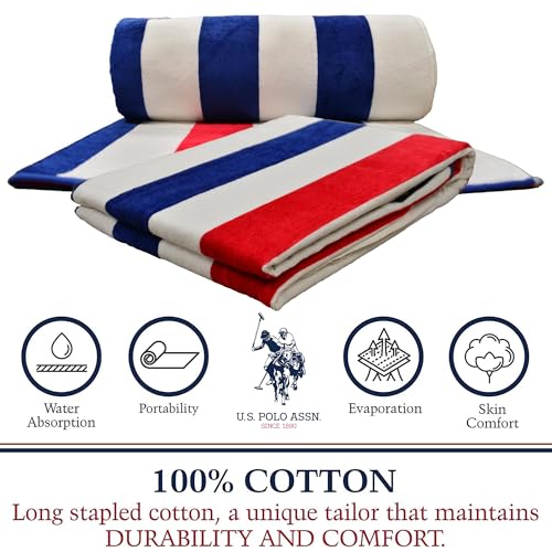 U.S. Polo Assn. Oversized (40” x 70”) Striped Nautical Design Beach Towel - Luxury Plush Cotton Hotel Quality for Bath, Pool - Cabana Stripe Navy/Red - color: Cabana Stripe Navy/Red, size: 40" x 70"