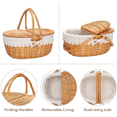 Wicker Picnic Basket with Removable Liner, Empty Picnic Baskets with Lid, Vintage-Style Picnic Hamper with Folding Woven Handle for Picnic, Camping, Outdoor, Halloween, Thanks Giving, Birthday (Cream) - color: Cream Liner W/Willow Lid