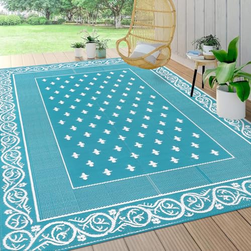 Pauwer Waterproof Outdoor Rug 8x10, Reversible Plastic Straw Patio Camping Rug, Indoor Outdoor RV Mat Carpet for Deck, Camper, Porch, Balcony, Backyard, Picnic, Bordered Teal - color: Bordered Teal, size: 8' x 10' (Rectangular)