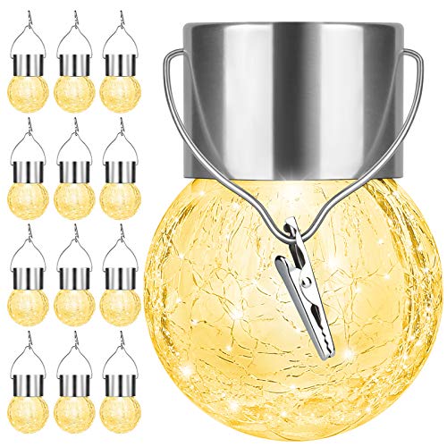 12Pack Hanging Outdoor Solar Lights - Decorative Cracked Glass LED Ball Lights Waterproof Tree Solar Powered Globe Lights with Handle for Garden Yard Patio Fence Christmas Decoration, Warm White - color: Warm White