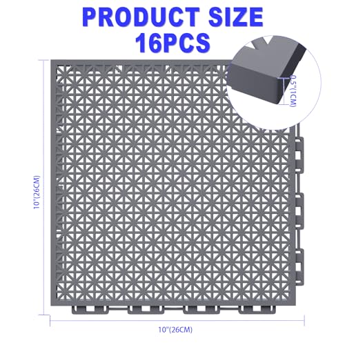 16 PCS Modular Interlocking Cushion Interlocking Floor Tiles with Hole Drainage Mat 10" x 10" Non Slip Pool Deck Mat Outdoor for Drain Deck Pool Patio Shower Kitchen Balcony (Grey) - color: Grey