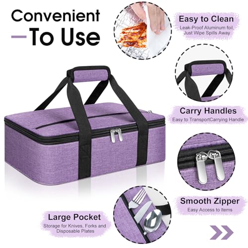 Insulated Casserole Carrier, Portable Casserole Carrier for Hot or Cold Food Lunch Tote Warmer or Cooler Bag, Lasagna Lunch Bag for Potluck Parties- Fits 9" x 13" Baking Dish-Purple - color: Purple, size: 16x10x4 in