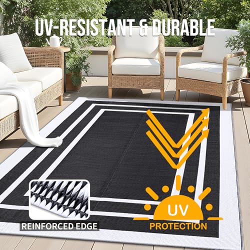 OLANLY Outdoor Rug 5x8 ft Waterproof, Reversible Outdoor Plastic Straw Rug, RV Mat, Indoor Outdoor Carpet Clearance for Patio, Camping, Balcony, Deck, Backyard, Black & White - color: Black & White, size: 5' X 8' (Rectangular)