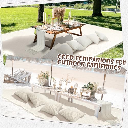 Beeveer Extra Large Outdoor Boho Picnic Blanket 91'' x 71'' White Table Runner 6 Throw Pillow Cover Woven Cotton Yarn Oversize Beach Blanket Washable for Picnic Camp Wedding - color: White, size: Fit 4-6 People 91'' X 71''