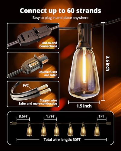 VIPAR Outdoor String Lights 30FT LED Patio Lights Waterproof with 13+1 Shatterproof ST38 Edison Bulbs, Connectable Outside Hanging Light for Porch, Garden, Backyard, Deck, Balcony, Decor, 2700K - size: 30FT