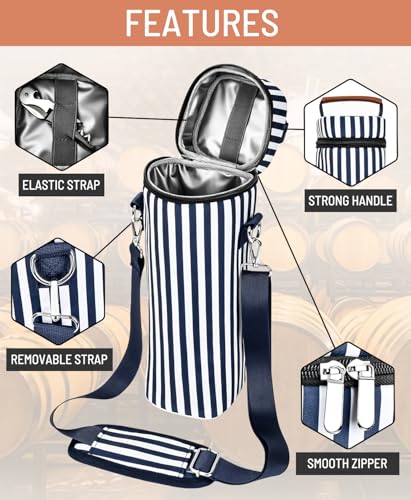 Insulated Wine Bag - Wine Bottle Carrier Tote Cooler Bags for Gifts Travel Picnic Beach, Blue and White Stripes - 1 Bottle - color: Blue and White Stripes, size: 1 Bottle