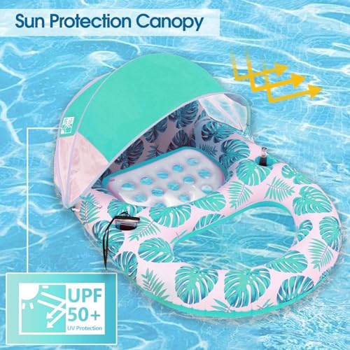 COOLCOOLDEE Pool Lounge Float with Canopy UPF50+,Extra Large Pool Floats for Adults Heavy Duty,Inflatable Lounger Float with Cup Holder & Backrest,Footrest - color: Green