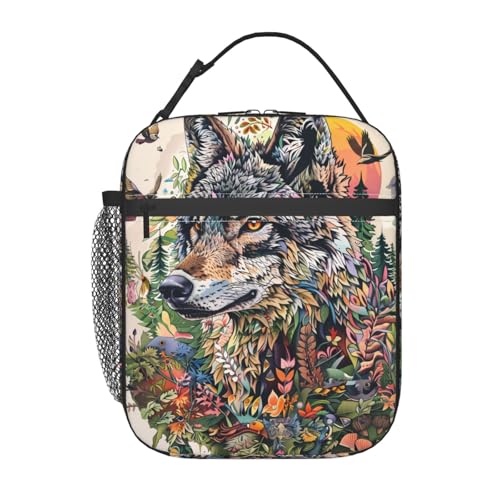 Reusable Cool Wolf Lunch Box for Kids Girls Boys Women Adult, Insulated Artistic Forest Lunch Bag,Polyester Cooler Animal Handbags Case for School Picnic Work Travel Beach or Hiking - color: Wolf 03