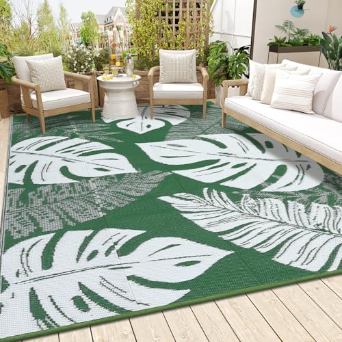 Waterproof Outdoor Area Rug 9x12 ft, Reversible Mat Leaf Tropical Patio Rug, Plastic Tropical Leaf Porch Mat, Large Straw Patio Rug for RV, Camper, Deck, Balcony, Porch, Beach, Picnic - color: Green & White, size: 12' x 9' (Rectangular)