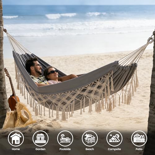 Lazy Daze Hammocks Double Brazilian Cotton Hammock, Extra Large Portable Outdoor Camping Hammock with Tree Straps & Travel Bag for Backyard Patio Poolside Indoor, 550lbs Capacity, Light Gray - color: Light Gray