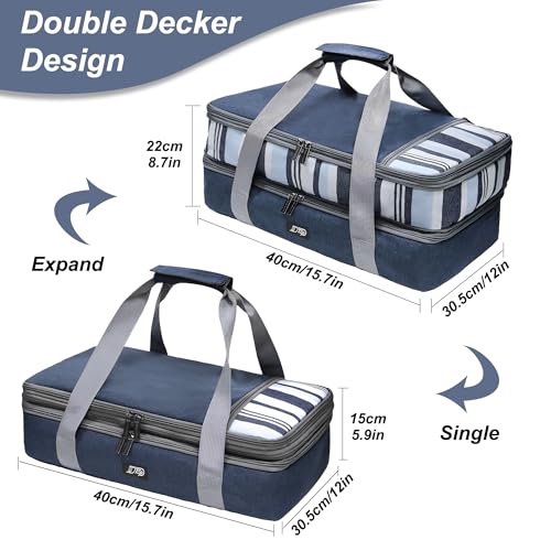 Double Decker Insulated Casserole Carrier, Expandable Thermal Food Warmer Bag Fits 9x13 Dish, Leak-Proof Potluck Lasagna Holder with Utensil Pocket for Picnic Party Cookout (Blue) - color: Blue