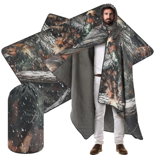 VitalCozy 55" x 95" Waterproof Woobie Camo Blanket for Hunting Extra Outdoor Stadium Blankets Sherpa Lining with Hood and Storage Pocket for Deer Duck Hunting Gear Blind Accessories(Bionic Bush Camo) - style: Bionic Tree Camo