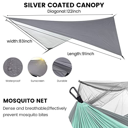 Camping Hammock with Mosquito Net & Rain Fly Tent Tarp & Tree Straps Portable Strong Nylon Hammock Parachute Tent w/Storage Bag for Camping Hiking Backyard Outdoor Backpacking Travel - color: Mint Green