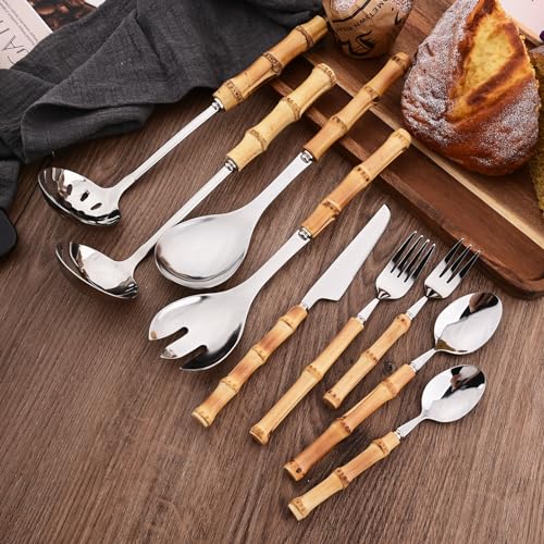 Soup Ladle and Slotted Spoon Set, 304 Stainless Steel Serving Utensils with Natural Bamboo Handle, Soup Spoons For Serving Gravy Hot Pot Or Restaurant, 10.2 Inch, 4 PCS / 2 of Each - color: 4-Piece Soup Ladle