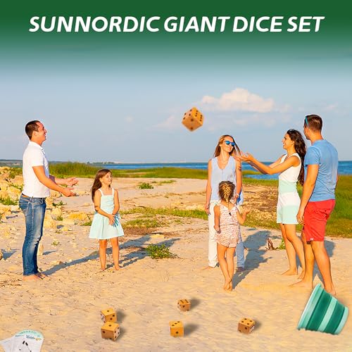 SunNordic Giant Dice Yard Game – 6 Large Wooden Outdoor Dice Set with Scoreboard & Portable Collapsible Bucket – Classic Backyard Lawn Game for Adults, Kids & Family