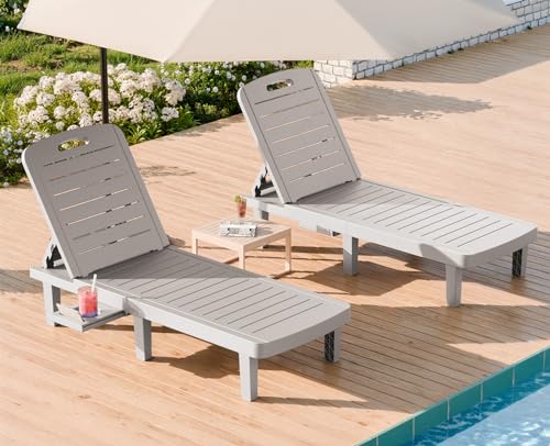 WACASA Outdoor Chaise Lounge Chairs Set of 2, Oversized Lounge Chairs with 5-Level Adjustable Backrest & Cup Holder, Resin Waterproof Pool Lounge Chair for Poolside, Patio, Beach, Yard, Gray - color: Grey, size: Set of 2