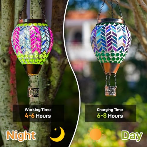 Mosaic Hot Air Balloon Solar Lanterns Outdoor Waterproof, Colorful Glass Solar Hanging Lantern Lights for Garden Patio Yard Gifts for Women Mom Grandma - color: A_Mosaic Purple