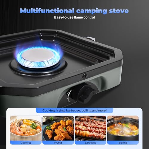 Adjustable 2-Burner Portable Stove with 16000 BTU, with Camping Grill and Carrying Bag, Portable Propane Camp Stove with 2 Burners & Piezo Ignition for Camping, Backyard BBQ,Tailgating (Green) - color: Green