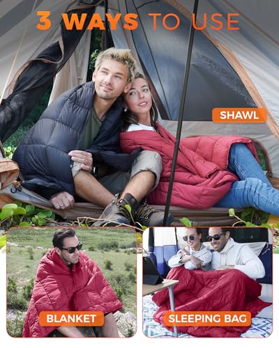 KingCamp Ultralight Camping Blanket, Packable Down Alternative Puffy Wearable Blankets Weatherproof Warm Package Quilt with Snap Buttons for Outdoor Hiking Travel Picnic Stadium (78.7" L x 56.7" W) - color: Puretrail-grid Red, size: 79" x 57"