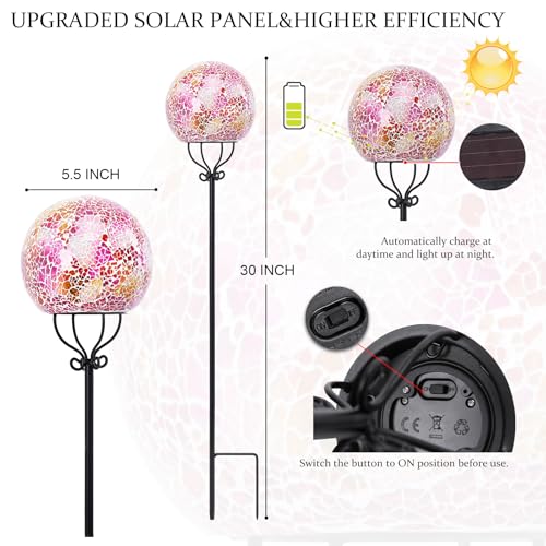 VCUTEKA Solar Outdoor Lights Garden Decor Mosaic Solar Garden Lights Waterproof Glass Ball LED Pathway Stake Light for Landscape Lawn Patio Yard Decoration 6 inch, Pink - color: Pink