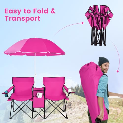 Double Beach Chair, 2-Person Portable Loveseat w/Removable Umbrella, Cup Holders & Carrying Bag, Folding Camping Chairs for Adults Outdoor Picnic (Pink) - color: Deep Pink