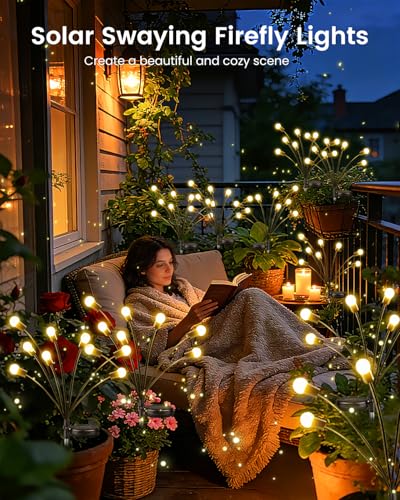 OZS 4 Pack Total 32 LED Solar Garden Lights Fairy Outdoor - Solar Firefly Lights Outdoor, Sway by Wind, Waterproof for Garden Patio Pathway Fairy Decoration (Warm White) - color: Warm White, size: 4 Pack