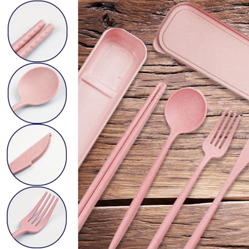 4 Sets Reusable Utensils Set with Case,Camping Cutlery Set Travel Silverware Set with Case Lunch Utensils Set for Work,Utensil Sets for Lunch Picnic Daily Use Outdoor (Pink) - color: Pink