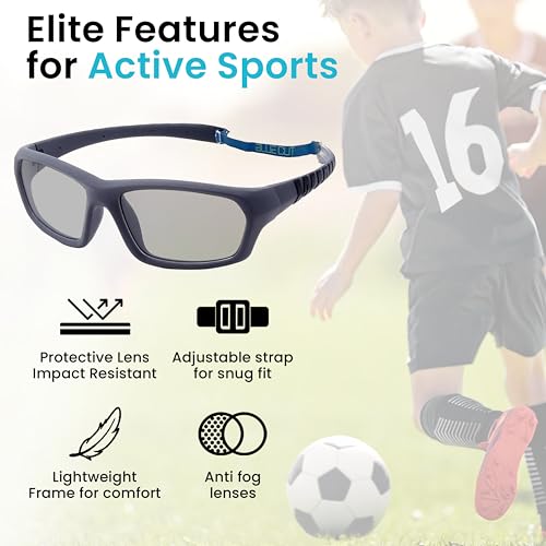 BLUE CUT Kids Sports Protection Goggles – Photochromic Safety Glasses for Children, Basketball, Baseball & Outdoor Sports - color: Gray/Black Photochromic-kids Size