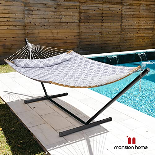 Large Hammock with 12FT Steel Stand, Freestanding Hammock with Curved Spreader Bar, Pillow and Portable Bag for Outside, Gray Ripples - color: Gray Ripples