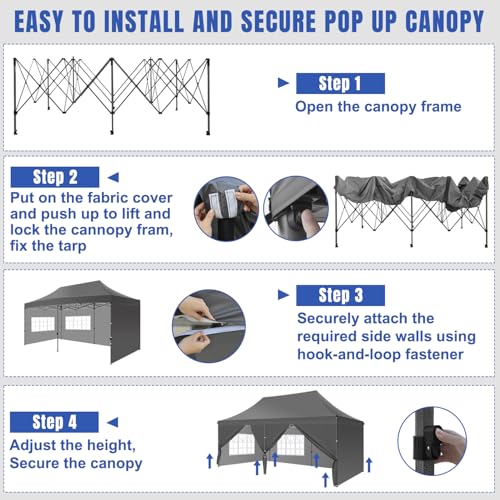 Yesker 10x20 Pop Up Canopy Tent with Sidewalls Instant Outdoor Canopy, Waterproof & UV Protection, Easy Setup Adjustable Height Heavy Duty Shelter Gazebo Tent for Patio Backyard Party Events, Gray - size: 10x20FT Gray