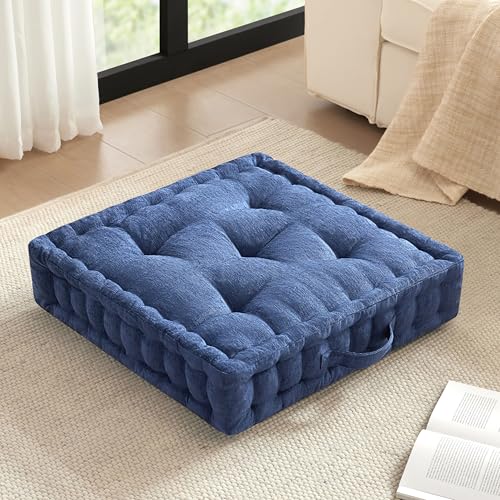 Intelligent Design Large Floor Pillow for Adults Yoga or Meditation Cushion with Handle, Floor Cushion for Board Games, Lustrous Chenille Tufted, Handsewn Scalloped Edge, Azza, 24" x 24" x 5" Navy - color: Square Navy With Handle, size: 24"W x 24"L x 5"H