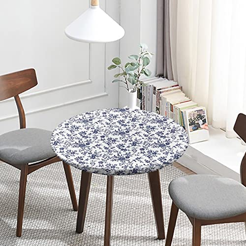 Blue Floral Fitted Tablecloth Round, Floral Pastoral Style Elastic Edge Table Cover, Polyester Table Pad Cloth for Indoor Fits Tables up to 24 in Diameter - color: Blue, size: 24" (Round)