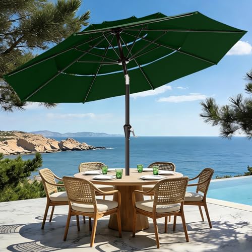 AreShark 9ft 3-Tier Patio Umbrellas, Outdoor Umbrella with 8 Sturdy Ribs UV Protection Windproof, Market Table Umbrella w/Push Button Tilt & Crank for Pool, Porch, Deck, Garden(Dark Green) - color: Dark Green