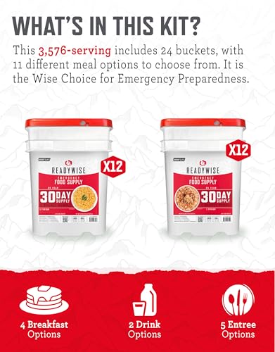 ReadyWise 1 Year Emergency Food Supply - 3,576 Servings, 24 Buckets, Freeze Dried Protein Meals, Disaster Survival Food Storage, Ready to Eat, Camping Essentials, up to 25 Year Shelf Life - size: 12 Months