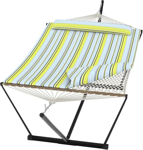 2 Person Outdoor Hammock with Stand, Person Cotton Rope Hammock with Polyester Pad, Portable Hammock with Carrying Bag, for Patio, Garden, Beach, Backyard Camping - color: Blue