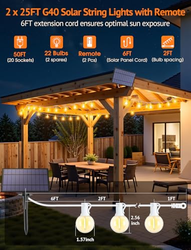 Larkvue 50FT(2x25FT) Solar String Lights Outdoor with Remote, Waterproof Dimmable 3 Modes Patio Lights with 20+2 LED G40 Bulbs for Party Bistro-White - color: White