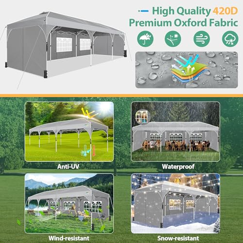 COBIZI 10x30 Party Tent: 10x30 Pop Up Canopy with Wheeled Bag - Tents for Parties with Patented Center-Lock Tech, 420D Waterproof Fabric, Easy Setup Canopy Tent with Removable Sidewalls, (Gray) - color: Gray, size: 10x30ft With 5 Sidewalls