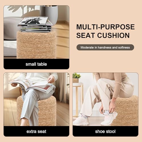 16'' Round Ottoman Natural Seagrass Braided Poof Hand Weaving Round Ottomans Boho Footrest Stool for Home Living Room Bedroom Patio(Natural) - color: Natural