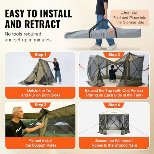 VEVOR Pop Up Gazebo Screen Tent 6 Sided Canopy Sun Shelter with 6 Removable Privacy Wind Cloths & Mesh Windows, 10x10FT Quick Set Screen Tent with Mosquito Netting, Army Green - color: Army Green, size: 10x10ft