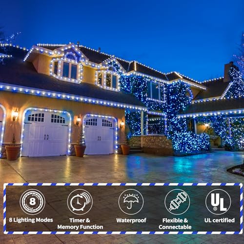 50ft LED Rope Lights Outdoor, 360 LED Connectable and Flexible Tube Lights with 8 Modes, Waterproof LED Rope Lighting for Garden Patio Bedroom Party Pool Indoor Outdoor Christmas Decor (White & Blue) - color: White & Blue, size: 50ft