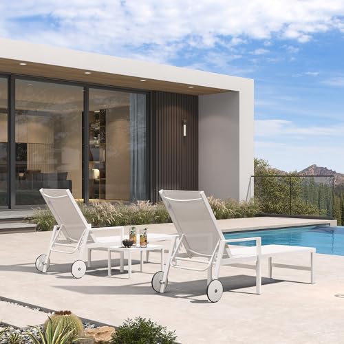 PURPLE LEAF Lounge Chair Outdoor Set 2 Pieces White Aluminum Chaise Lounge with Armrest and Wheels for Pool Deck Patio, Ivory - color: Ivory, style: Straight-leg w/ Armrest