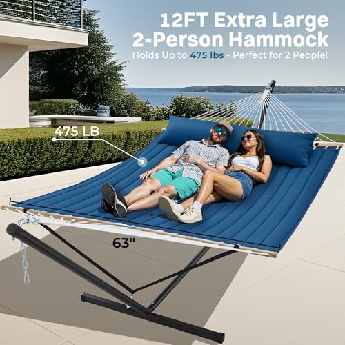 SUPERJARE Hammock with Stand, 2 Person Quilted Outdoor Hammock, Detachable Pillow & Bamboo Spreaders, Portable Hammock with Carrying Bag, Heavy Duty Stand, Perfect for Outside, Patio, Navy Blue - color: Navy Blue, size: 62.9"W × 78.7''D × 43.3''H