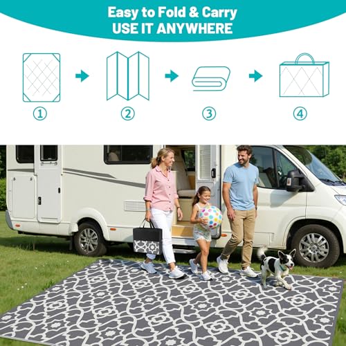 HEBE Outdoor Rug Waterproof 8x10, Plastic Straw Rug Camping Rug, Reversible Outdoor Patio Rugs RV Mat Clearance, Indoor Outside Floor Carpet for Porch,Deck,Camper,Balcony,Backyard - color: Grey, size: 8' x 10' (Rectangular)