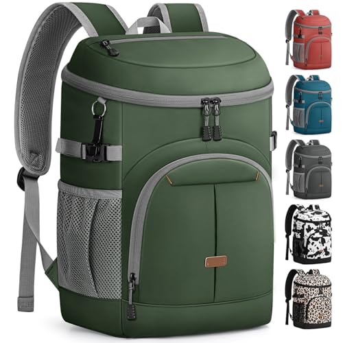 Pritent Cooler Backpack for Men Women Insulated Waterproof Backpack Cooler Leak Proof Cooler Bag Lightweight Lunch Backpack for Camping Beach Travel Picnic - color: Leather Green, size: 30 Cans