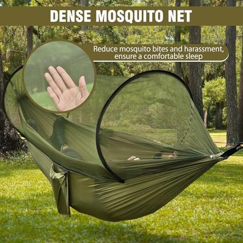 Camping Hammock with Mosquito Net, Lightweight Portable Double & Single Hammock Tent with 2 Tree Straps, Parachute Nylon Hammock for Outdoor Backpacking Beach Backyard Patio Hiking, Arm Green