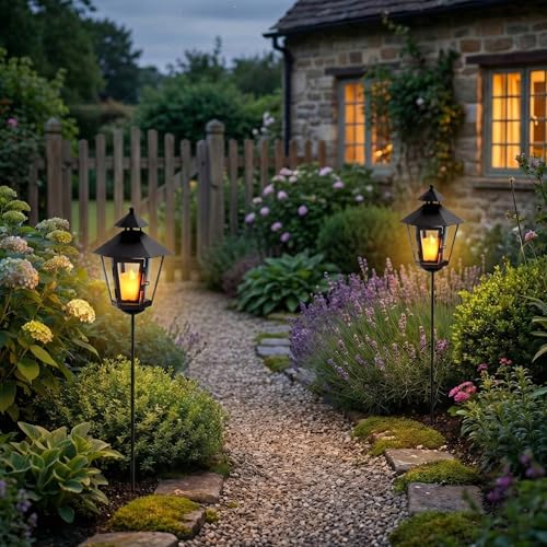 TRIROCKS 2 Pack Outdoor Landscape Lanterns 32'' H Decorative Candle Holders Metal Pathway Candle Lantern with 24''H Removable Plug-in Rod & Tempered Glass for Lawn Yard Patio Driveway Cemetery(Black)