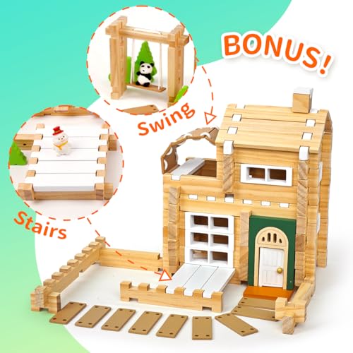 Jovi-mindly＆Notchies Building Blocks Set Wooden Blocks Toys (107 pcs) with Storage Bag, Educational Classic Wooden Blocks for Toddlers Ages 3+ Boys and Girls Aged Birthday Gift (with Printed Manual) - style: Dream House With Printed Manual